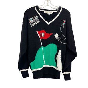 Vintage Black Golf Novelty Print V-Neck Pullover Sweater Preppy - Size Medium